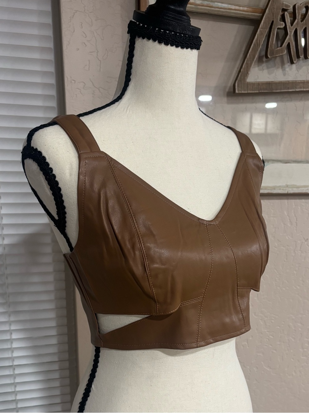 Leather Crop Tank Top in Brown